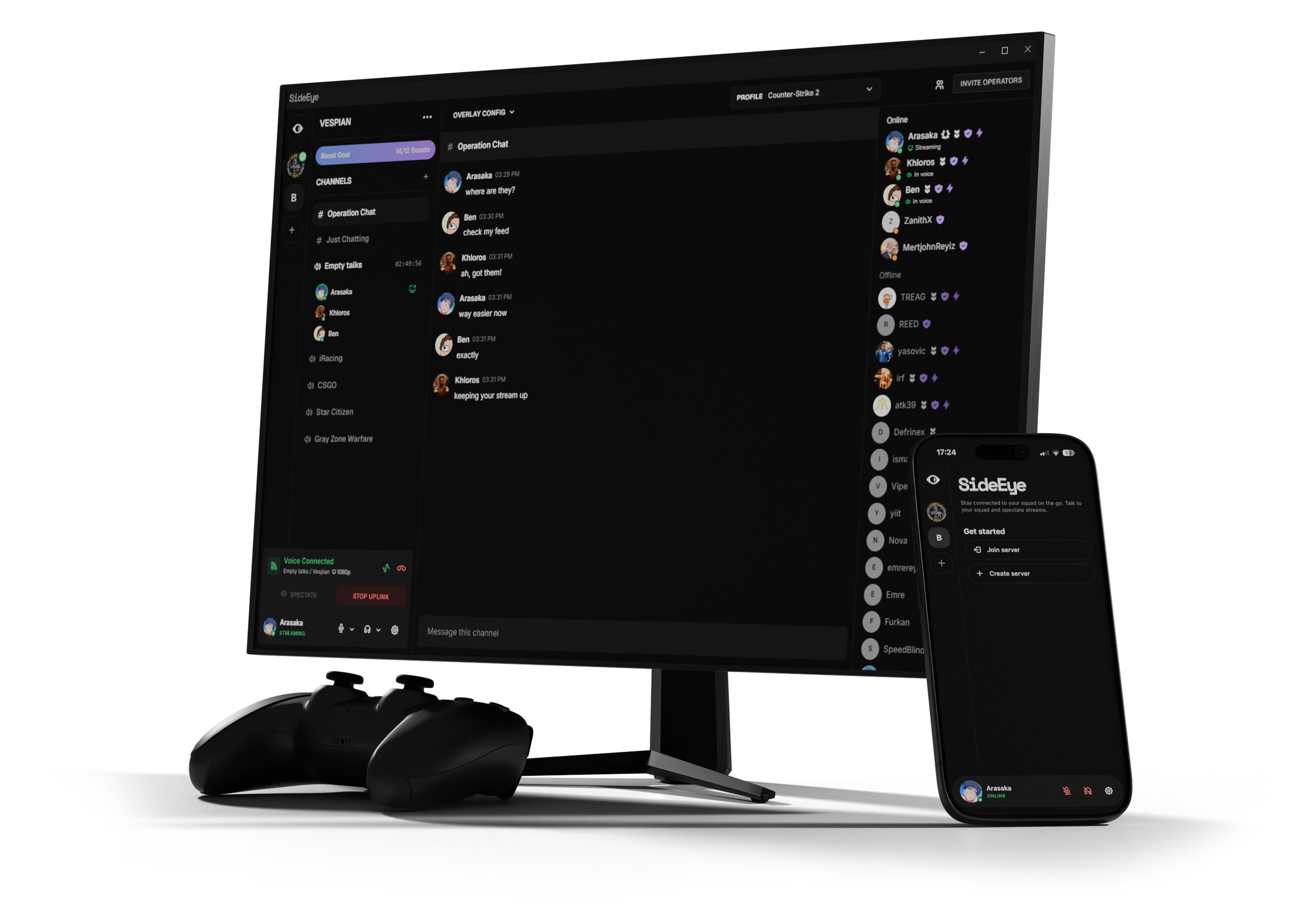 SideEye gaming communication app showing voice rooms, chat, live screen sharing, spectate and in-game overlay controls